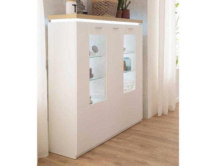 Highboard Vitrine in Weiß und Wildeiche Optik LED Beleuchtung Highboard Vitrine in Weiß und Wildeiche Optik LED Beleuchtung von Pharao24.de