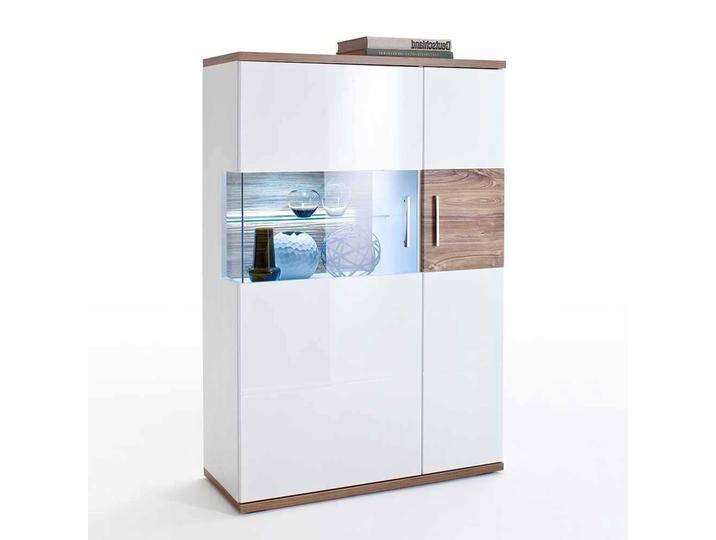 Hochglanz Highboard in Weiß und Eiche Dekor 135 cm hoch Hochglanz Highboard in Weiß und Eiche Dekor 135 cm hoch von Pharao24.de