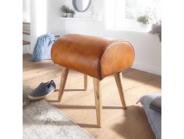 Holzhocker mit Echtleder Sitzfläche in Cognac Braun rustikalen Landhausstil von Pharao24.de