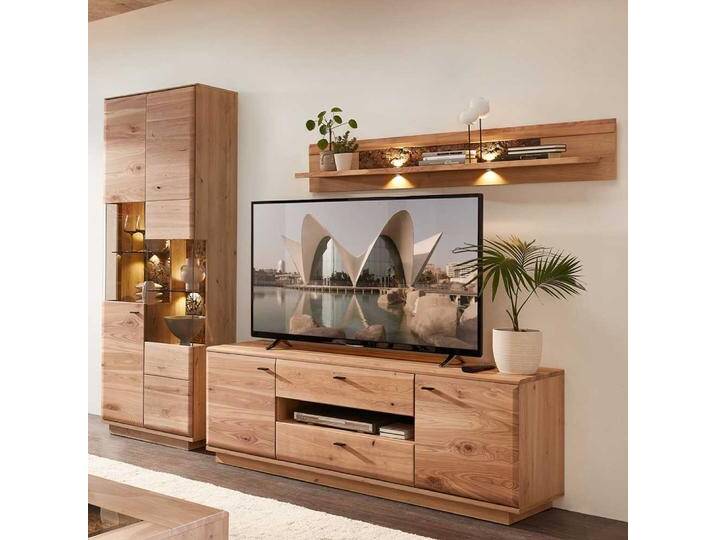 Holzwohnwand Front massiv in modernem Design optional mit Beleuchtung (dreiteilig) von Pharao24.de