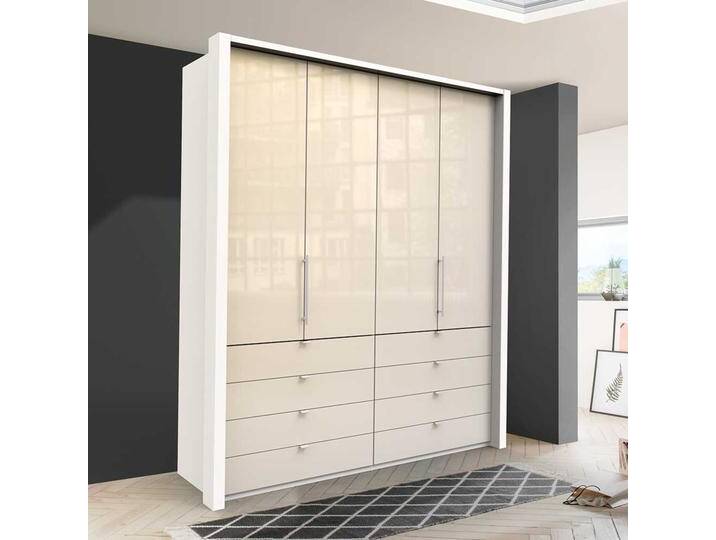 Jugend Kleiderschrank in Creme Weiß Glas beschichtet Falttüren und Schubladen von Pharao24.de