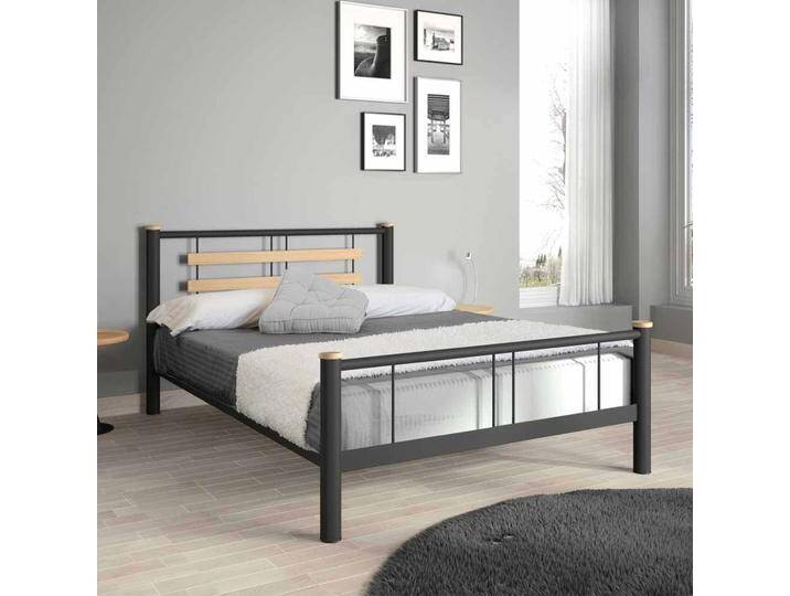 Jugendbett in Schwarz Metall Eiche Massivholz von Pharao24.de