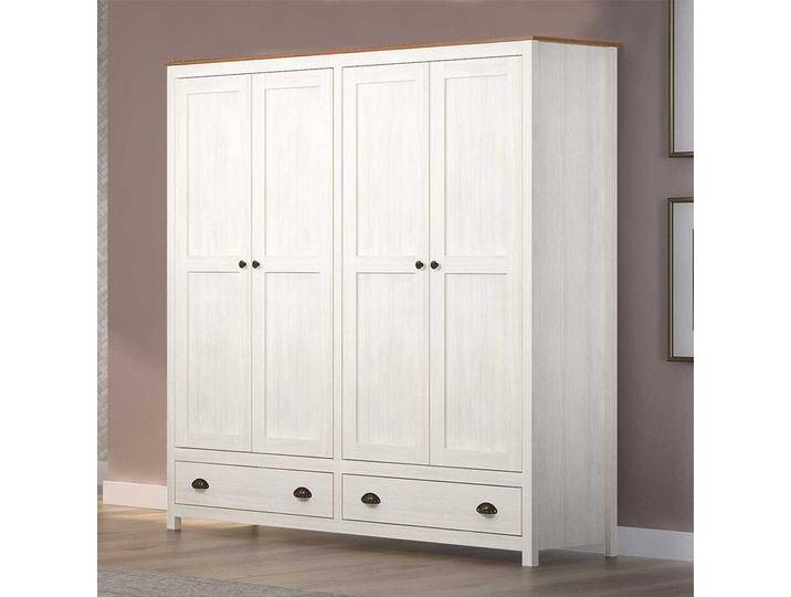 Kleiderschrank Kiefer Weiß Landhaus Stil mit zwei Schubladen 176 cm breit von Pharao24.de