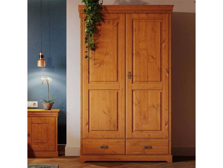 Kleiderschrank Massivholz Holzkleiderschrank in Kieferfarben mit zwei Schubladen von Pharao24.de