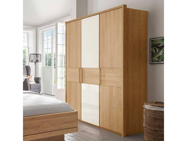 Kleiderschrank in Beige Glas beschichtet Eiche Massivholz von Pharao24.de