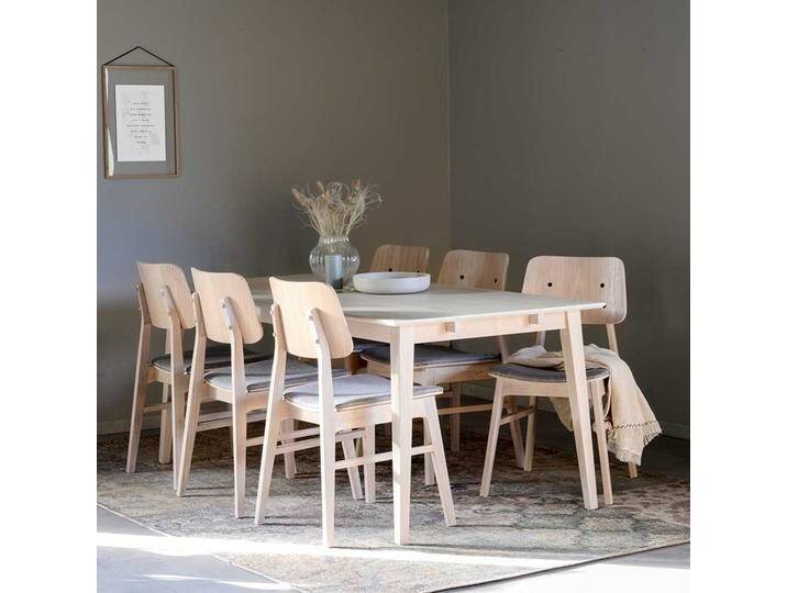 Komplette Essgruppe in Holz White Wash und Hellgrau sechs Stühlen (siebenteilig) von Pharao24.de