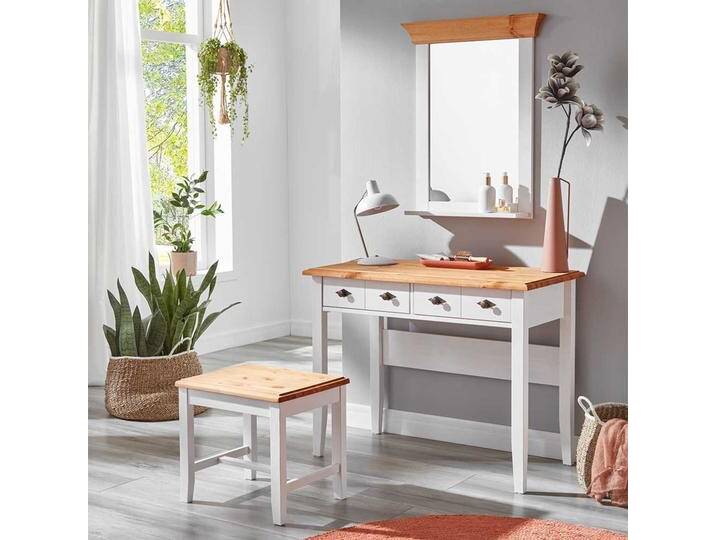 Landhaus Schminktisch Set in Weiß und Kiefer Laugenfarben 102 cm breit (dreiteilig) von Pharao24.de