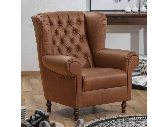 Leder Ohrensessel in Cognac Braun Chesterfield Look von Pharao24.de