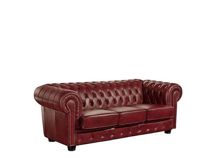 Ledercouch dunkelrot im Chesterfield Look drei Sitzplätzen von Pharao24.de