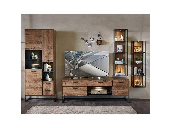 Loft Design Wohnwand in Eiche dunkel Optik und Dunkelgrau 320 cm breit (vierteilig) von Pharao24.de