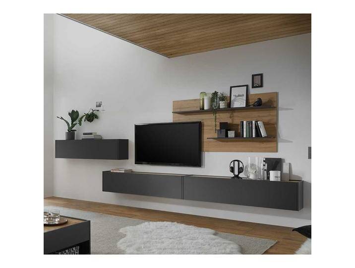 Moderne TV Wohnwand in Anthrazit und Wildeiche Optik 450 cm breit (vierteilig) von Pharao24.de