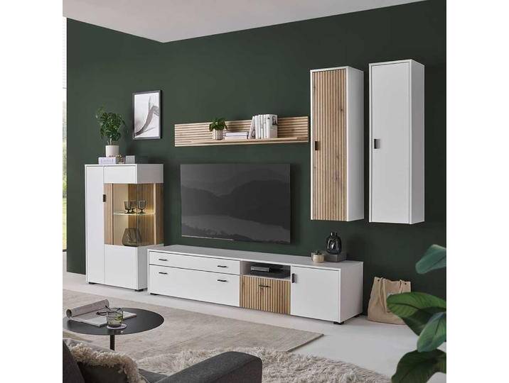 Moderne Wohnwand in Weiß Wildeichefarben (fünfteilig) von Pharao24.de