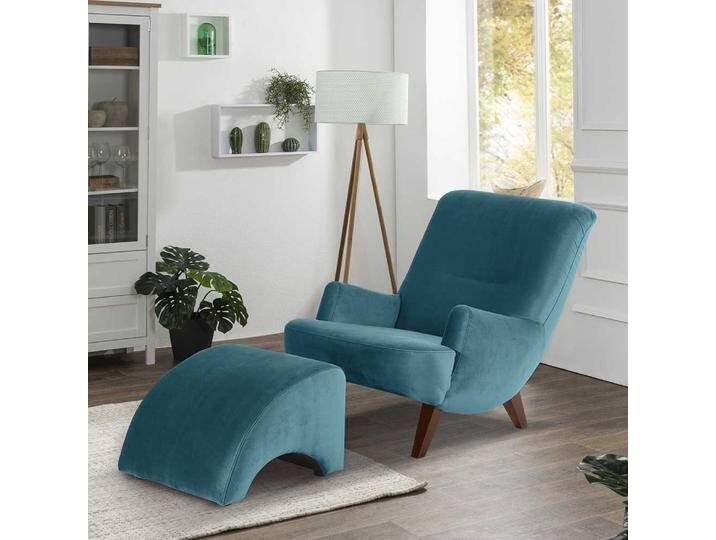 Moderner Design TV Sessel in Petrol Samtvelour Nussbaumfarben von Pharao24.de