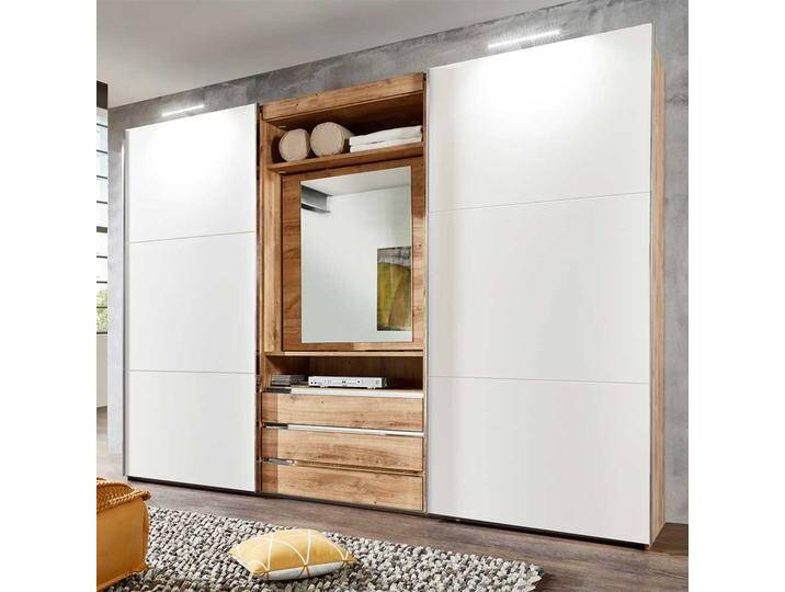 Moderner Funktions Kleiderschrank in Weiß und Holzoptik Plankeneiche Spiegel innen Moderner Funktions Kleiderschrank in Weiß und Holzoptik Plankeneiche Spiegel innen von Pharao24.de