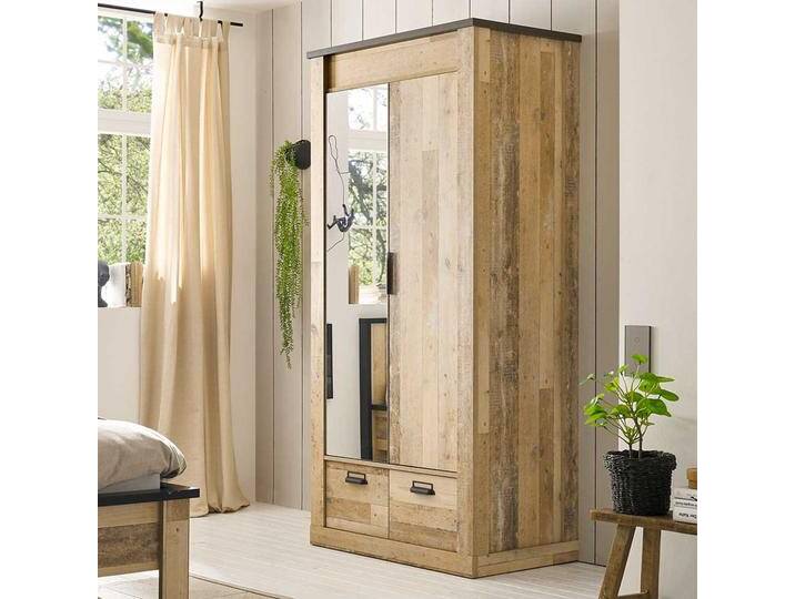 Moderner Landhaus Kleiderschrank mit Spiegel zwei Schubladen von Pharao24.de