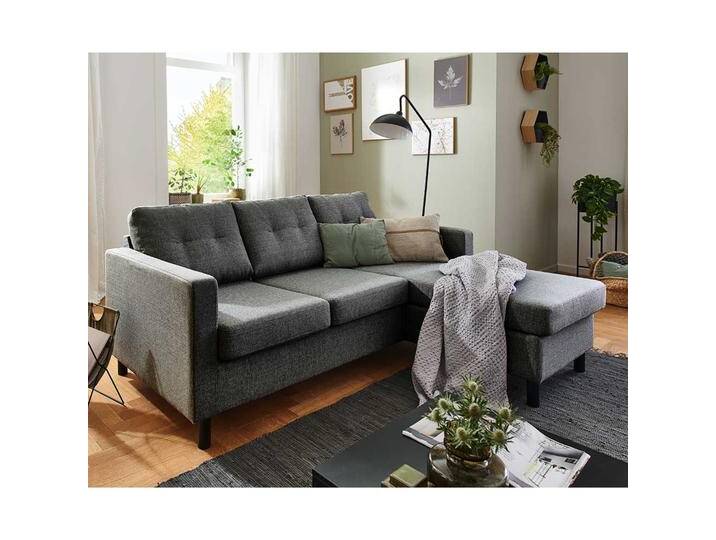 Modernes Ecksofa in Anthrazit Webstoff Fußgestell aus Holz von Pharao24.de