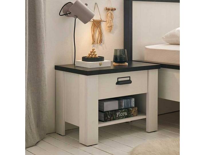 Nachtschrank modern Landhaus in Pinie Weiß Holzoptik Anthrazit Nachtschrank modern Landhaus in Pinie Weiß Holzoptik Anthrazit von Pharao24.de