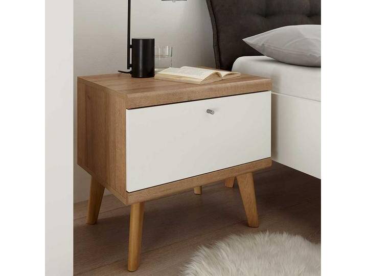 Nachttisch in Weiß und Eichefarben Skandi Design von Pharao24.de