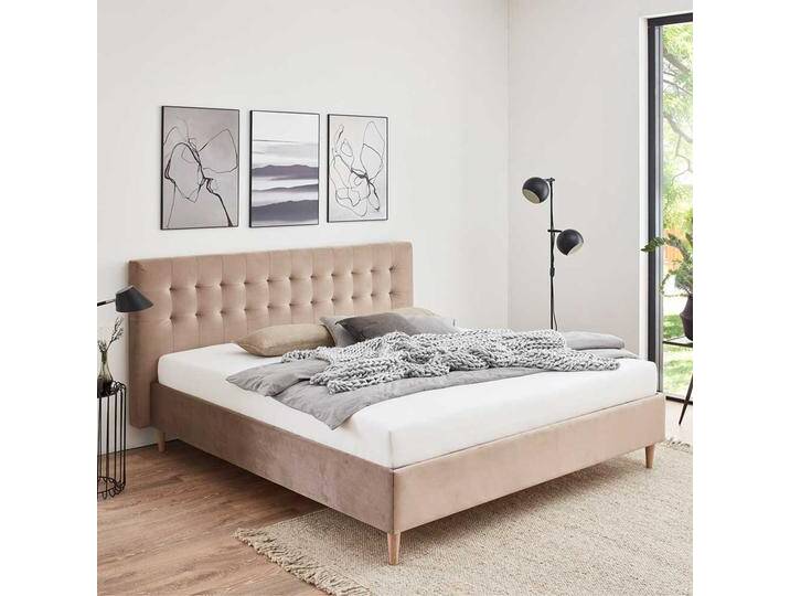 Polster Bett 140x200 cm in Taupe Samt Vierfußgestell aus Holz von Pharao24.de