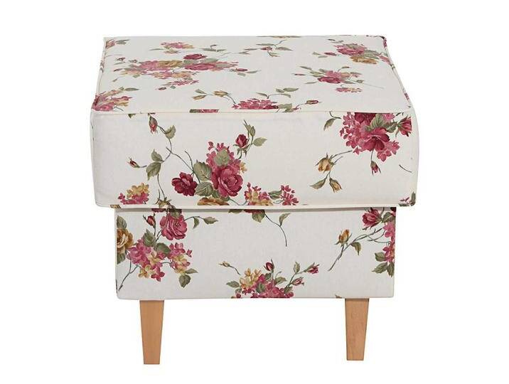 Polsterhocker Blumen Beige im Landhausstil Vierfußgestell aus Holz von Pharao24.de