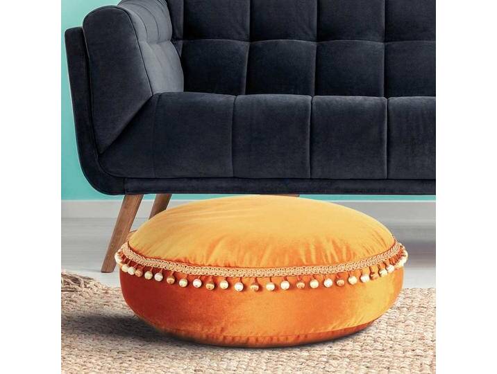 Pouf in Bronzefarben Samt Pompom Borte von Pharao24.de