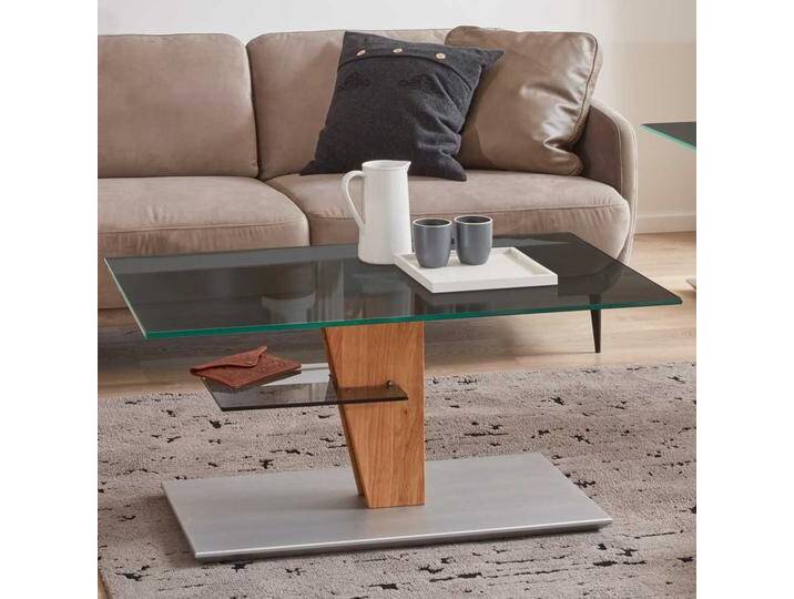 Rechteckiger Design Couchtisch mit Rauchglasplatte höhenverstellbar und auf Rollen von Pharao24.de