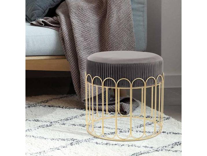Retro Hocker in Grau Samt Drahtgestell in Goldfarben von Pharao24.de