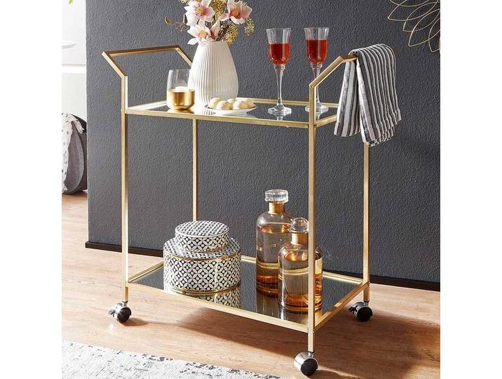 Retro Servierwagen mit Spiegelglasplatten Gestell in Goldfarben von Pharao24.de
