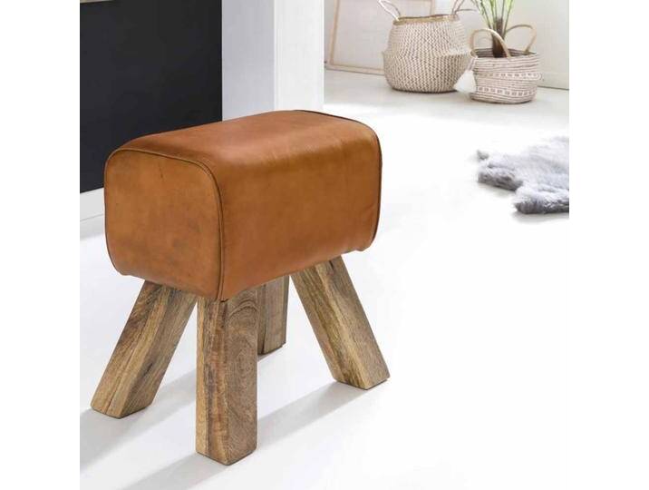 Retro Sitzhocker in Braun Leder Holzbeine von Pharao24.de