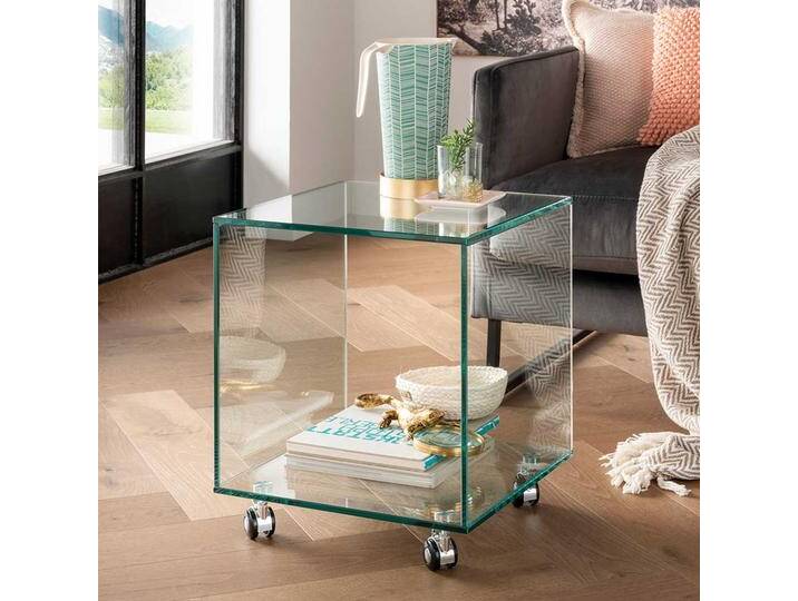 Rollbarer Glas Beistelltisch in Transparent 43 cm hoch von Pharao24.de