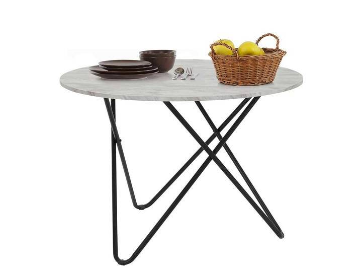 Runder Küchentisch, Weiß, 110x110 cm, MDF & Metall, Dreifußgestell, Retro von Pharao24.de