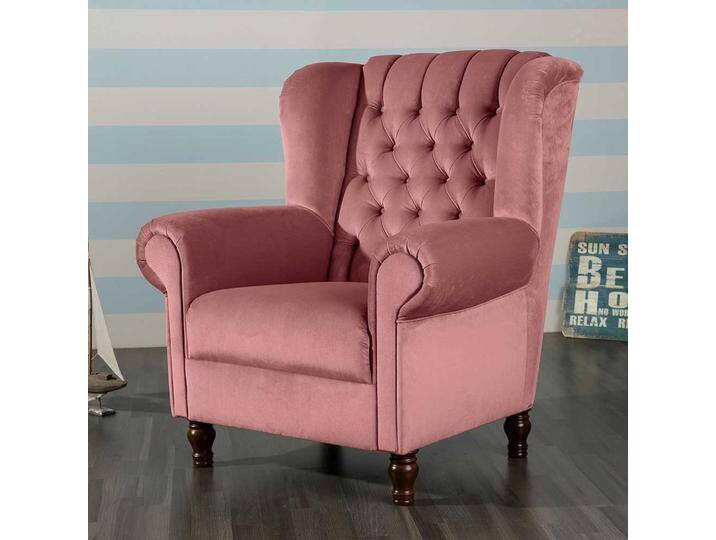Samt Wohnzimmersessel rosa mit Federkern Polsterung Chesterfield Look von Pharao24.de