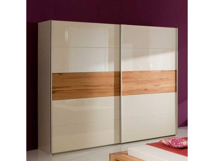 Schiebetürenschrank in Creme Hochglanz mit Wildeiche von Pharao24.de