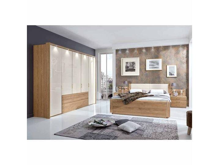 Schlafzimmer Einrichtung aus Eiche Creme Weiß Glas beschichtet (vierteilig) von Pharao24.de