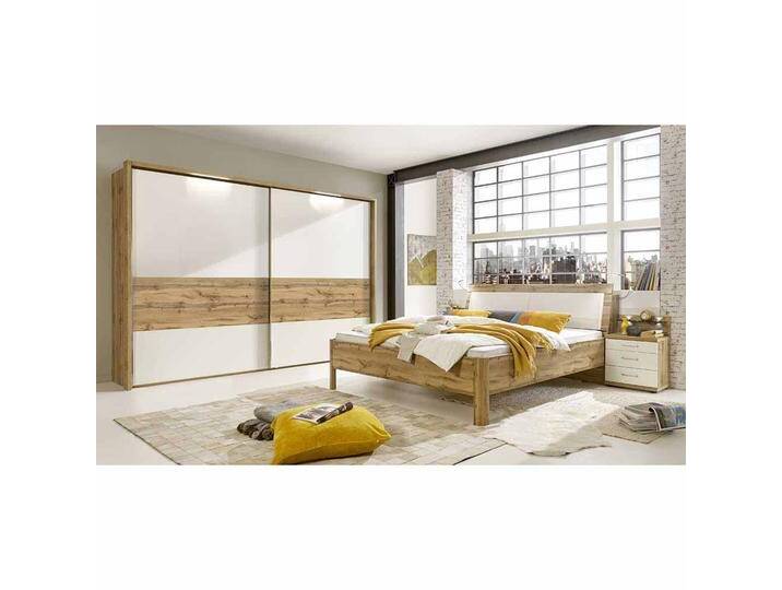 Schlafzimmer Einrichtung in Weiß Eiche 180x200 cm (vierteilig) von Pharao24.de