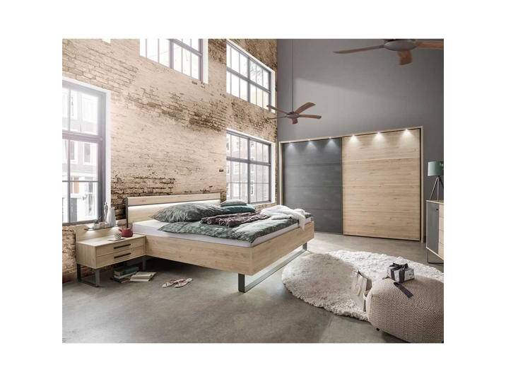 Schlafzimmer Set in Eichefarben und Dunkelgrau LED Beleuchtung (vierteilig) von Pharao24.de
