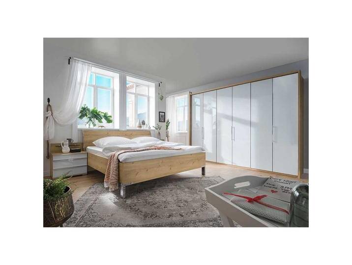 Schlafzimmerkomplettset in Weiß und Eiche Bianco glasbeschichtet (vierteilig) von Pharao24.de
