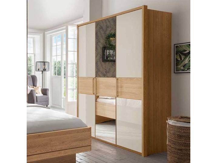 Schlafzimmerschrank in Beige und Eiche teilmassiv Spiegel von Pharao24.de