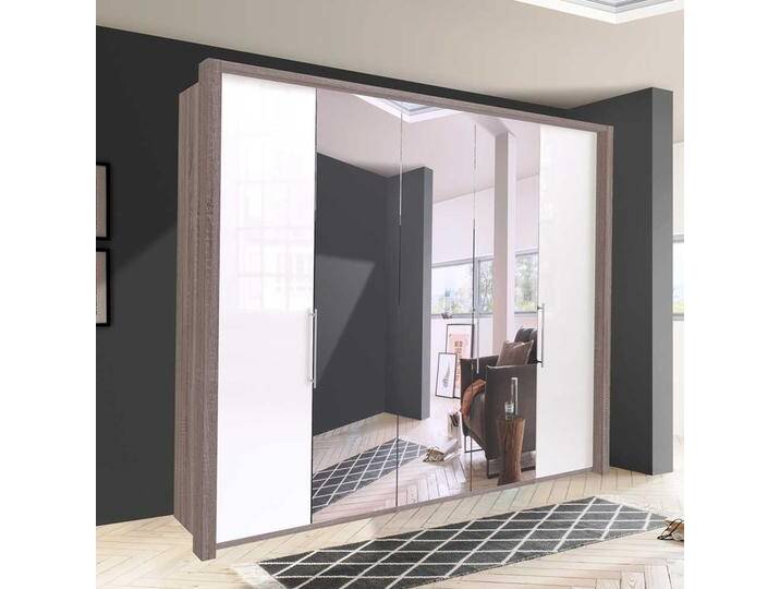 Schlafzimmerschrank in Weiß und Eiche Trüffelfarben Spiegel von Pharao24.de