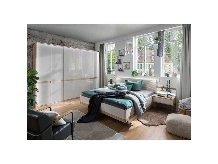 Schlafzimmerset in Beige und Eiche Bianco LED Beleuchtung (vierteilig) von Pharao24.de