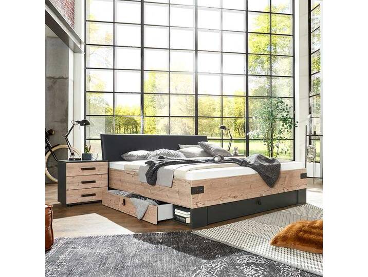 Schubladenbett im Industry und Loft Stil Tannenfarben und Dunkelgrau von Pharao24.de