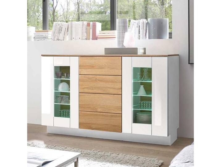 Sideboard Vitrine in Hochglanz Weiß Wildeiche Optik von Pharao24.de