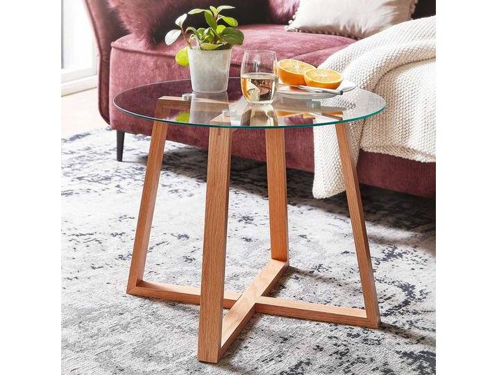 Sofa Beistelltisch aus Glas und massivem Eichenholz 58 cm Durchmesser von Pharao24.de