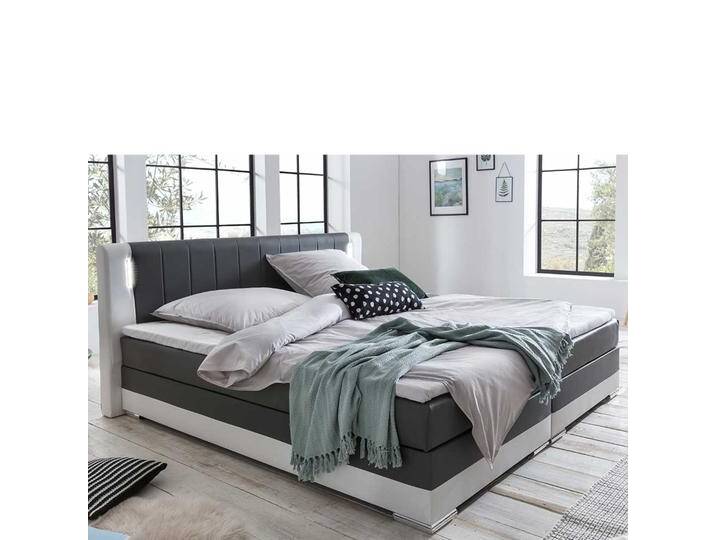 Springboxbett in Dunkelgrau und Weiß Kunstleder LED Beleuchtung Springboxbett in Dunkelgrau und Weiß Kunstleder LED Beleuchtung von Pharao24.de