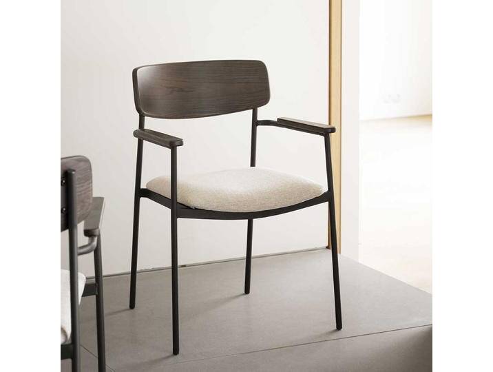 Esszimmerstuhl, Beige & Braun, 59x53x83 cm, Eiche Massivholz & Webstoff, Mit Armlehnen, Retro von Pharao24.de