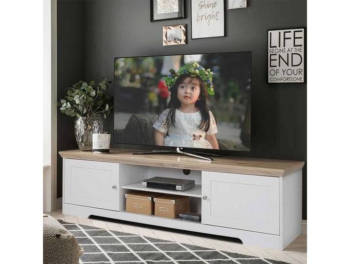 TV Bank in Weiß und Eichefarben 160 cm breit von Pharao24.de