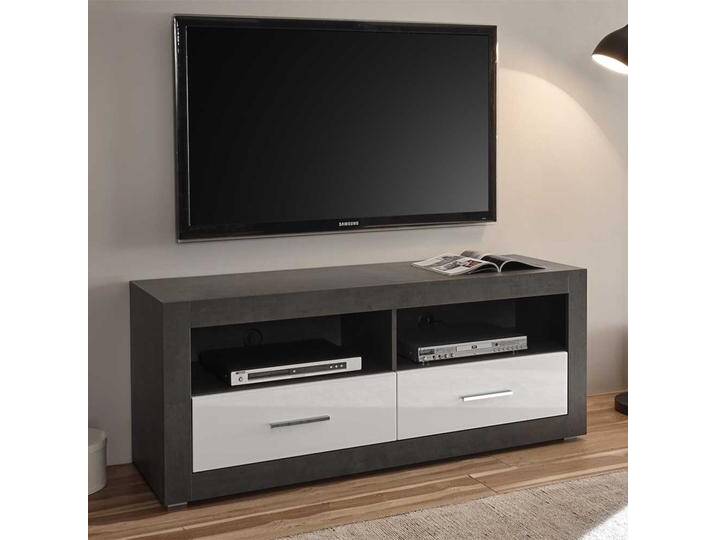 TV Möbel in Weiß Hochglanz und Beton Grau 150 cm breit von Pharao24.de