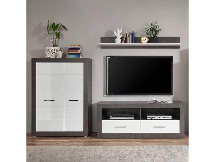 TV Wohnwand in Beton Grau und Weiß Hochglanz 250 cm breit (dreiteilig) von Pharao24.de