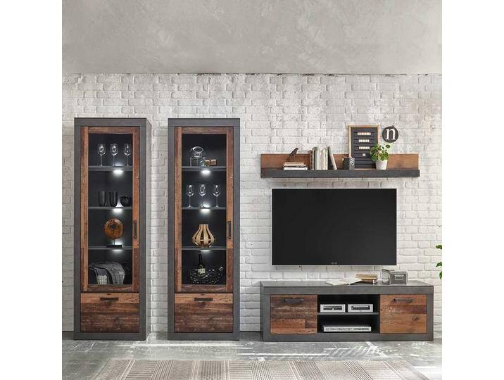 TV Wohnwand in Dunkelgrau und Altholz Optik Loft Design (vierteilig) von Pharao24.de
