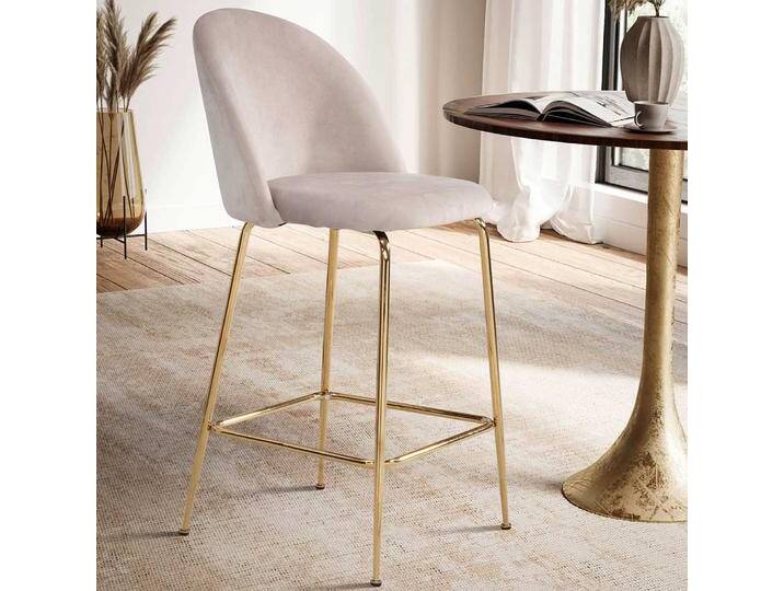 Barhocker Set, Beige & Goldfarben, 50x50x102 cm, Samt & Metall, 2er Set, Retro von Pharao24.de